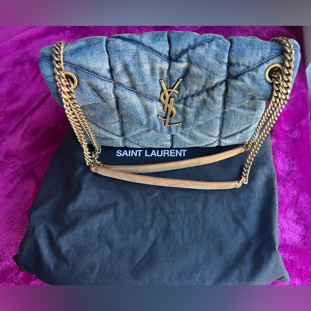 Authentic YSL Lulu Bag MNG 
Puffer Denim Nikko Su Satin Rodeo Blu/Cinnamon